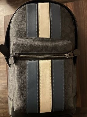 Men's Leather Backpack with Blue and Cream Racing Stripes